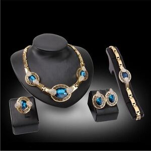 5pc GreeK 🇬🇷 key vintage Gold Blue crystal rhinestone Necklace Set BEAU DEFI